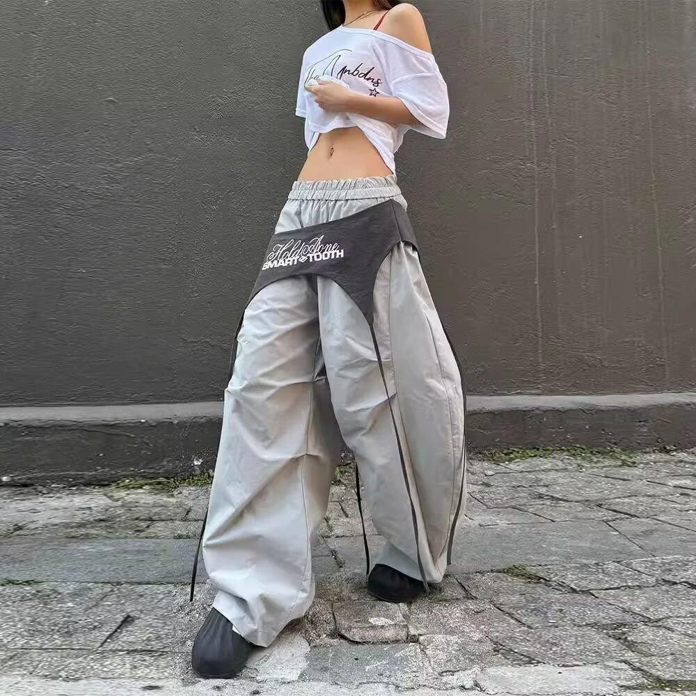 Women's Dance Y2K Style Pants Cross-layer Straps Design Casual Streetwear Trousers Wide Leg Cargo Pants for Hip Hop Dance