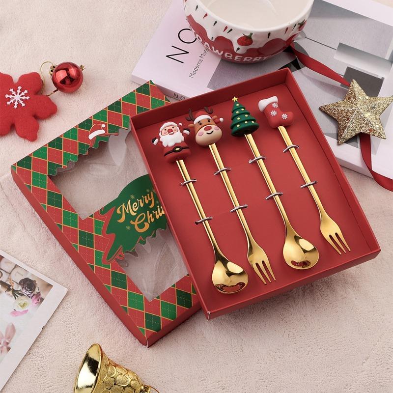 2026 Christmas 6pcs/4pcs Spoon Fork Set Stainless Steel Christmas Spoon Set Coffee Tea Dessert Scoop Christmas Tableware Set