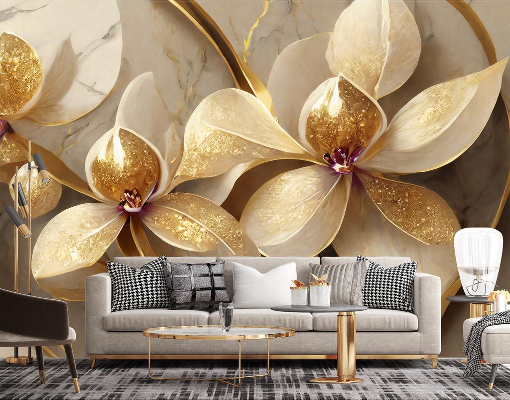 Wallpaper Flowers Glamour Gold
