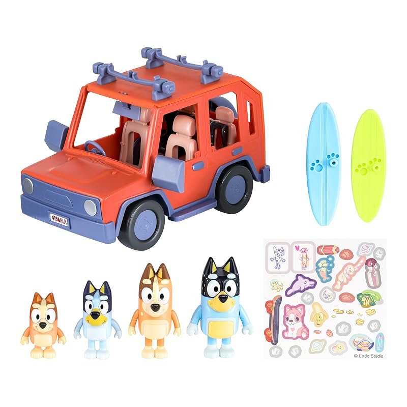 Набор Bluey Heeler Family из 4 полноприводных автомобилей и фигурок, фигурок размером 2,5–3 дюйма, аксессуаров для досок для серфинга и 2 наклеек, 17637