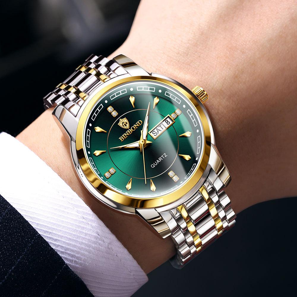Мужские часы, модные золотые кварцевые часы для мужчин, нержавеющая сталь, водонепроницаемые, светящиеся наручные часы, дата, неделя