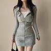 South Korea Chic Autumn French Pure Desire Sle Zip-up Double Pocket Slim Fit Slimming Long Sleeve Hoodie Dress Women