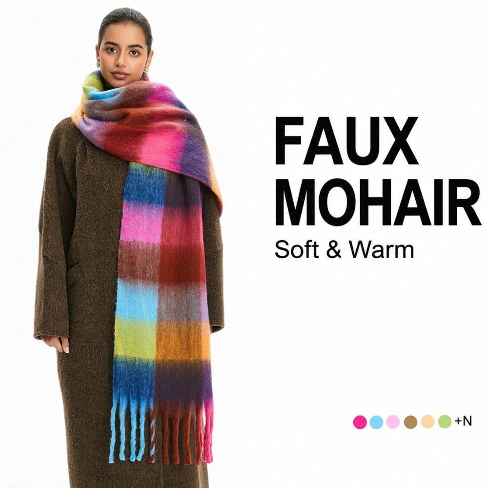 Long Plaid Wool Scarf Mohair Women Cape Elegant Rainbow Tassel Shawl Student