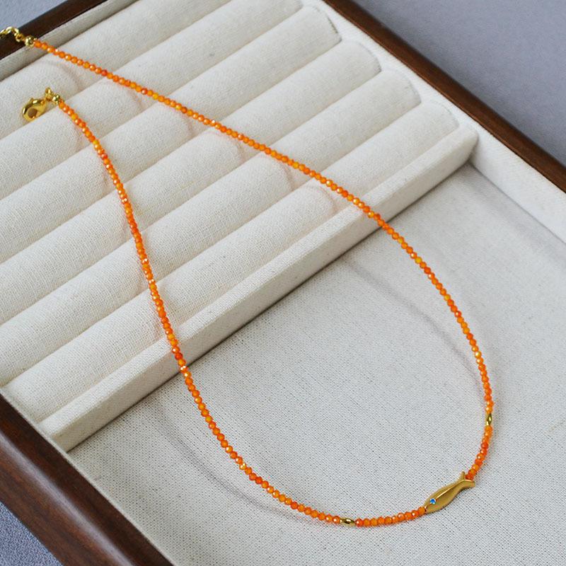 Guochao New Chinese Orange Zircon Beaded Lucky Koi Small Fish Simple Temperament Extremely Fine Necklace Clavicle Chain Female