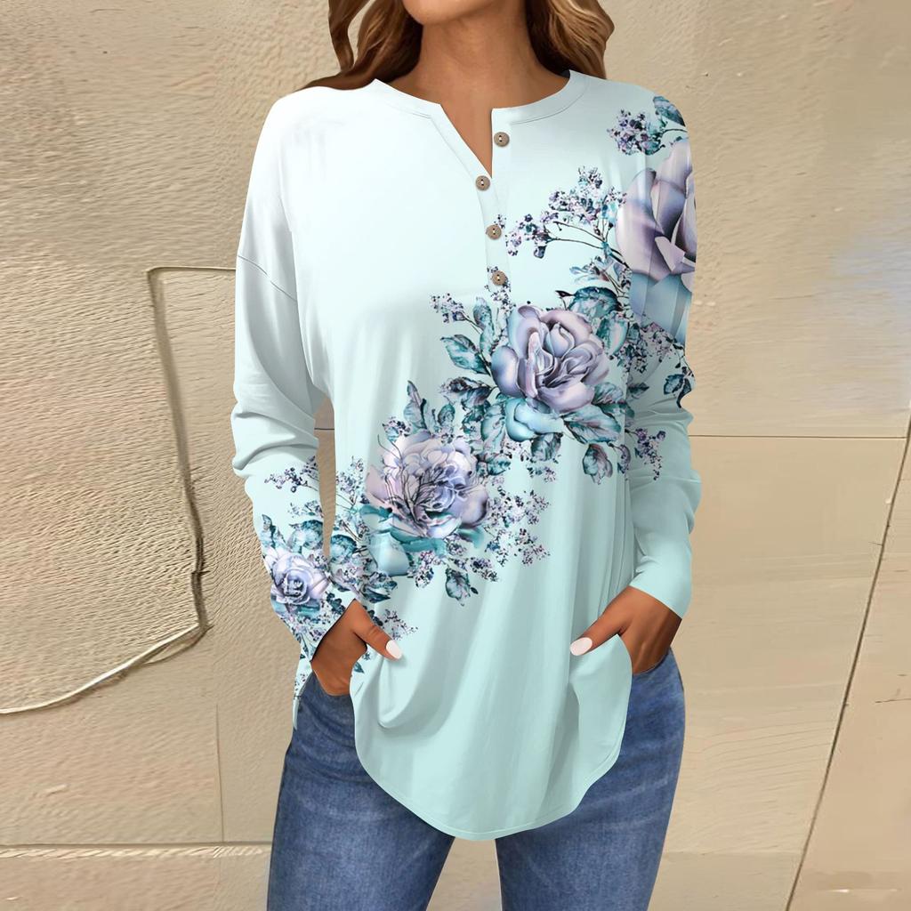 Модная свободная футболка с длинным рукавом и цветочным принтом на пуговицах, топ-пуловер