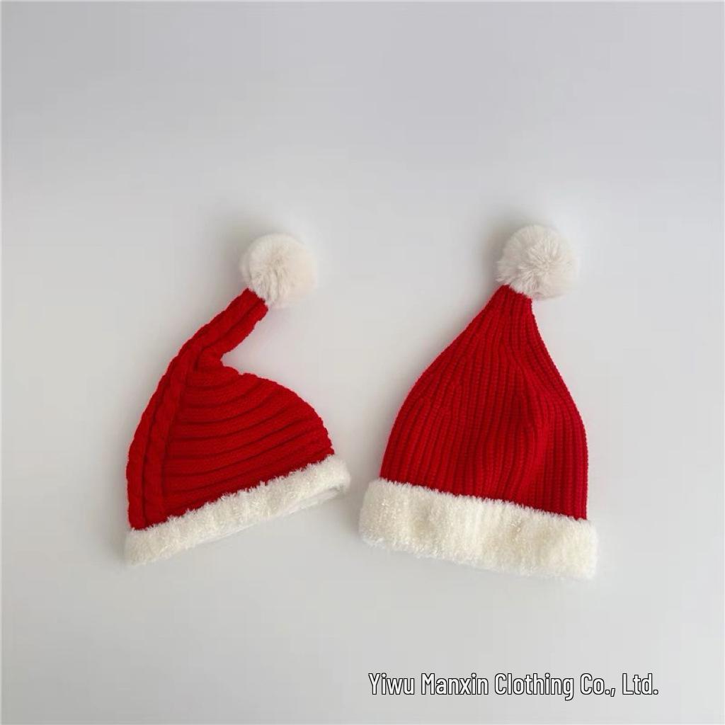 Детская праздничная теплая вязаная шерстяная шапка - Красный плюш для Рождества и Нового года