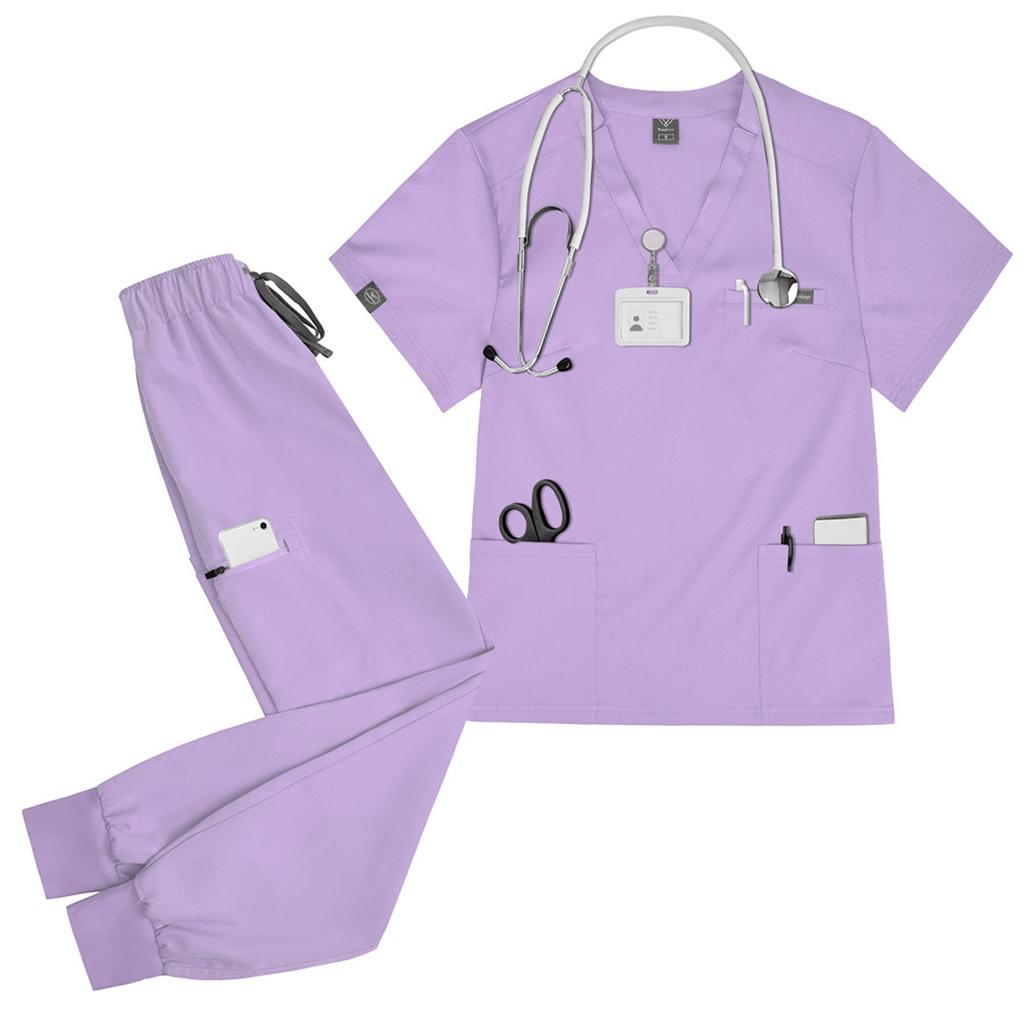 Женский однотонный топ с короткими рукавами и V-образным вырезом, карманами, рабочая одежда, комплект из двух предметов