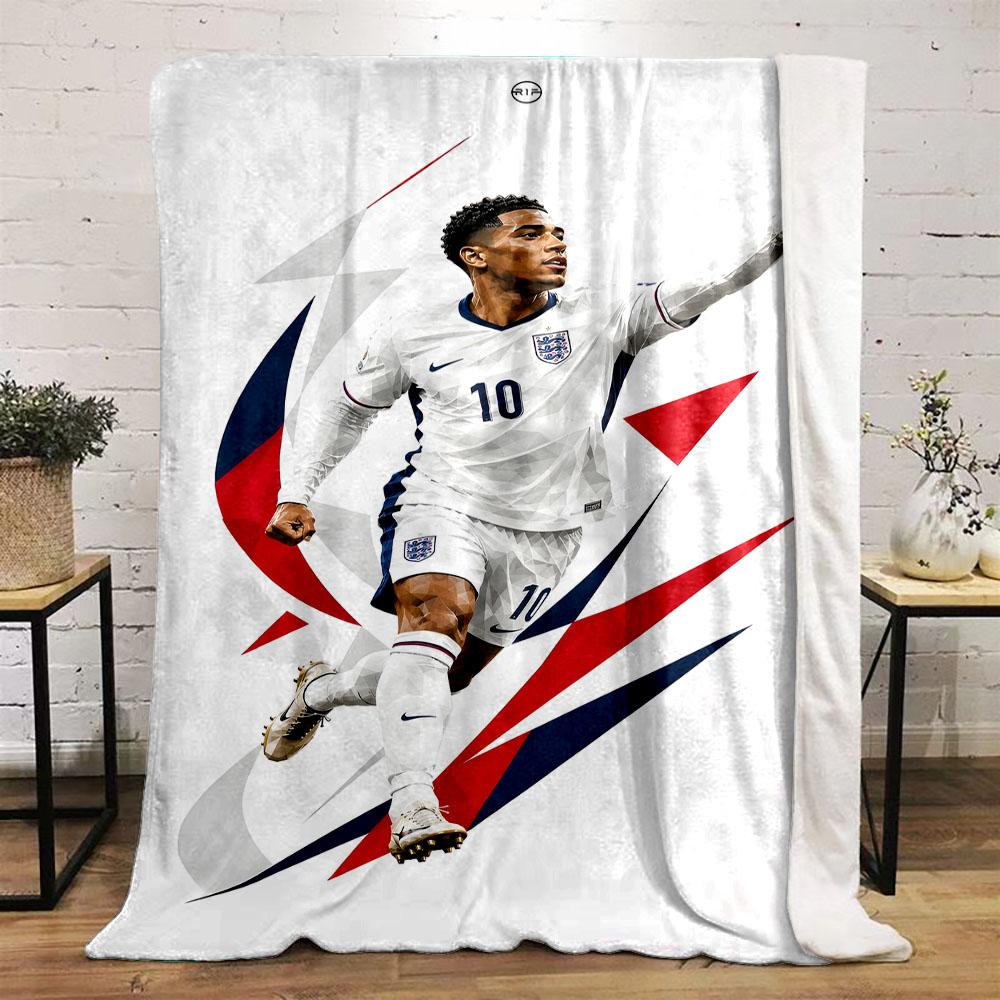 Soccer Player in Action with England Flag Patterned flannel blanket perfect for the bedroom living room, sofa, or a little nap