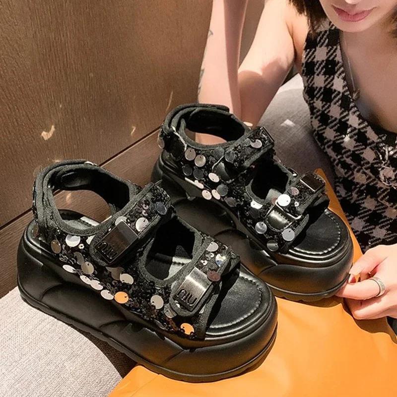 Fashion Summer Sandals Bling Leather High Platform Trainers Breathable Casual Slippers Shoes Woman 7CM Heels Wedge Sneakers Zhuoya31505