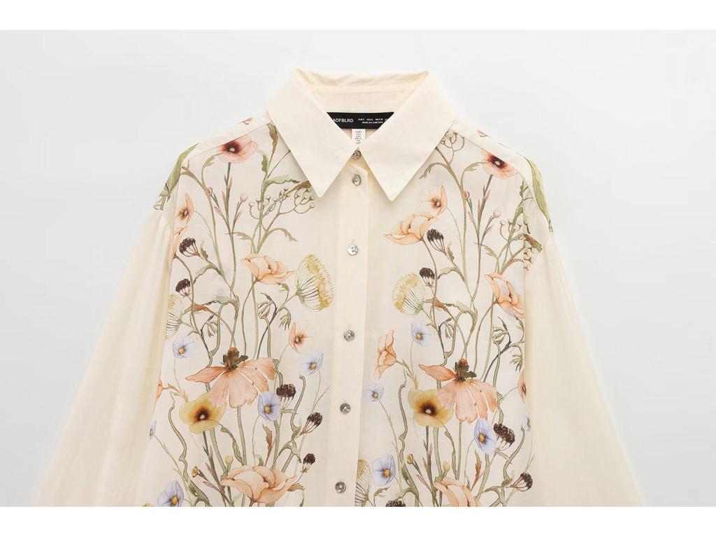 Женский европейско-американский комплект с цветочным принтом из рубашки с длинным рукавом и брюк, 2025