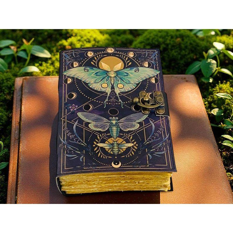 Luna Moth Grimoire – Handmade Spell Book with Lock | Personalized Wiccan Leather Journal with Deckle Pages | Witchy Gift