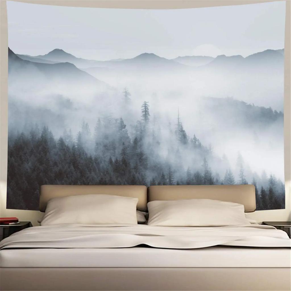 VIKAMA Misty Forest Tapestry Gradient Blue Pine Forest Nordic Minimalist Style Living Room Room Decoration