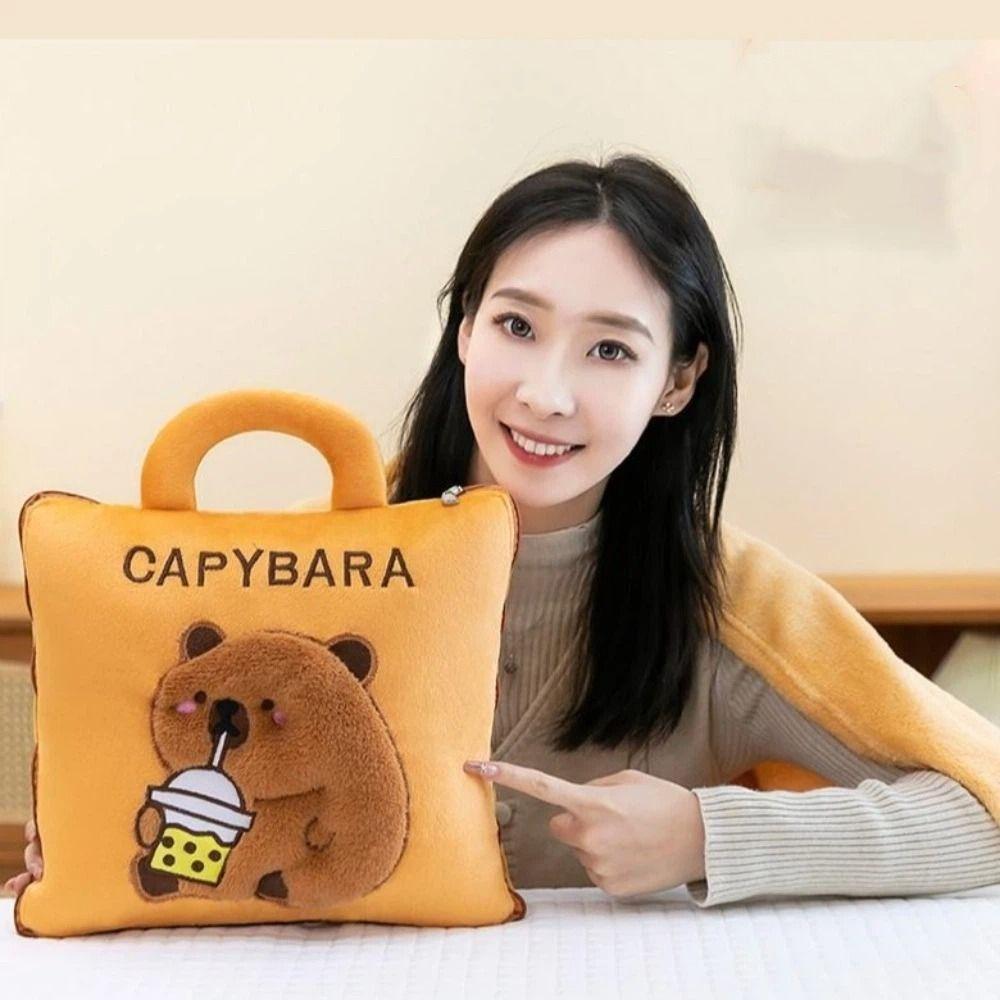 Portable 2 in 1 Capybara Pillow Blanket Plush Soft Travel Blanket Cartoon Cozy Nap Cushion Blanket Travel