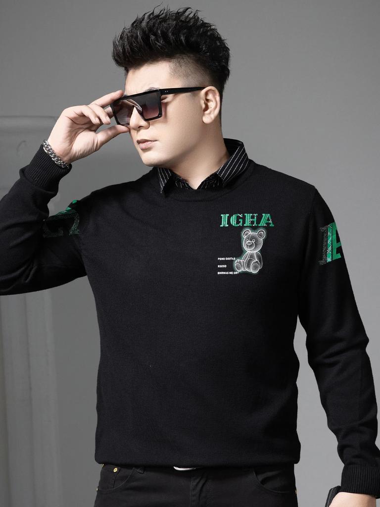 European-Style Fake Two-Piece Round Neck Sweater for Men, Spring and Autumn Trendy Brand Bear Print Knit Pullover Men's Base Layer Shirt