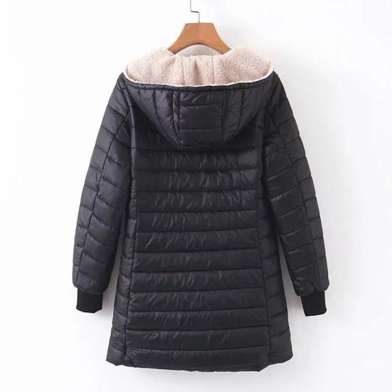 Winter Down Coat Thickened Padded Plush Hood Mid Length Full Zipper Windproof Long Sleeves Pockets Warm Daily Wear Outwear Cotton Jacket