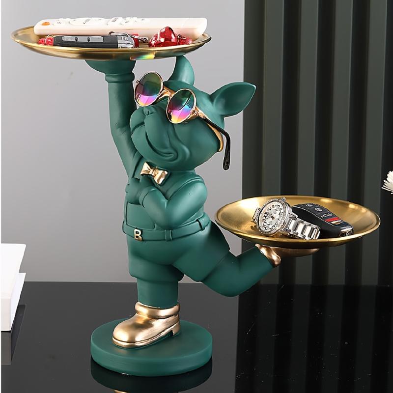 Статуя собаки из смолы, декор для комнаты, скульптура дворецкого с 2 лотками для хранения, фигурка французского бульдога, украшение для дома, украшения для стола