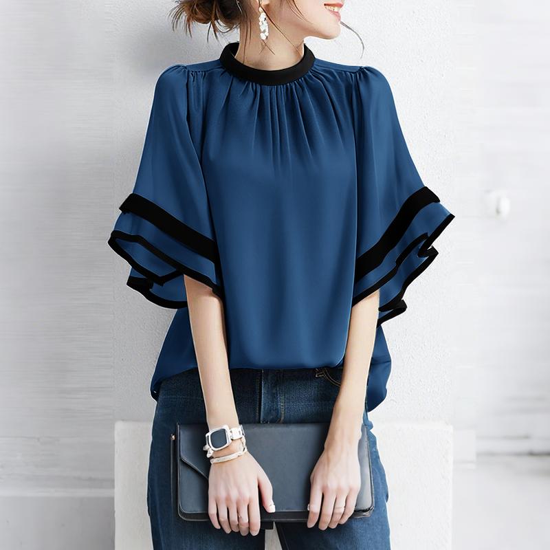 ZANZEA Женская повседневная блузка с круглым вырезом, свободного кроя, с оборками и короткими рукавами