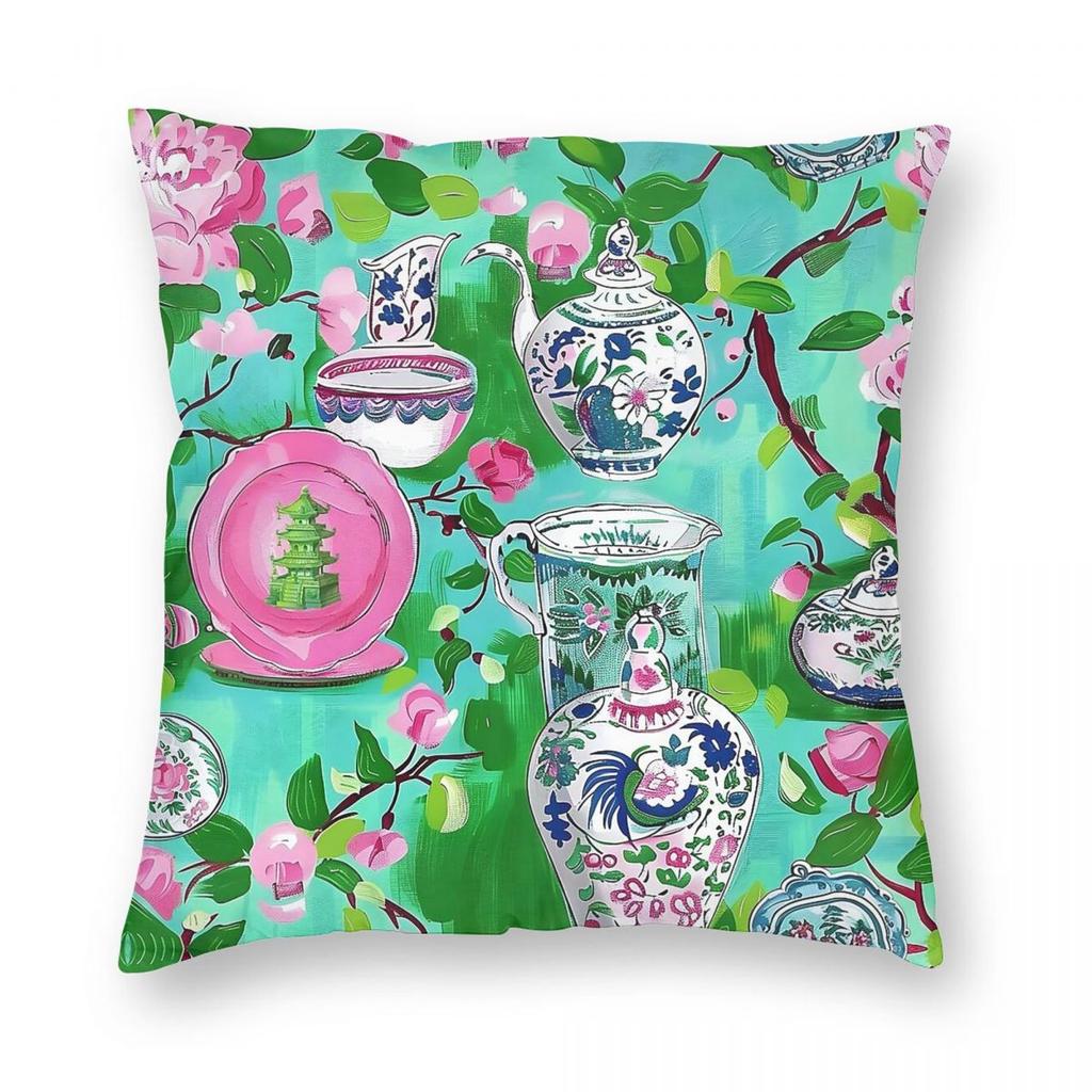Chinoiserie Flowers Pagoda Porcelain Square Pillowcase Polyester Linen Velvet Pattern Zip Decorative Throw Pillow Case Bed Cover