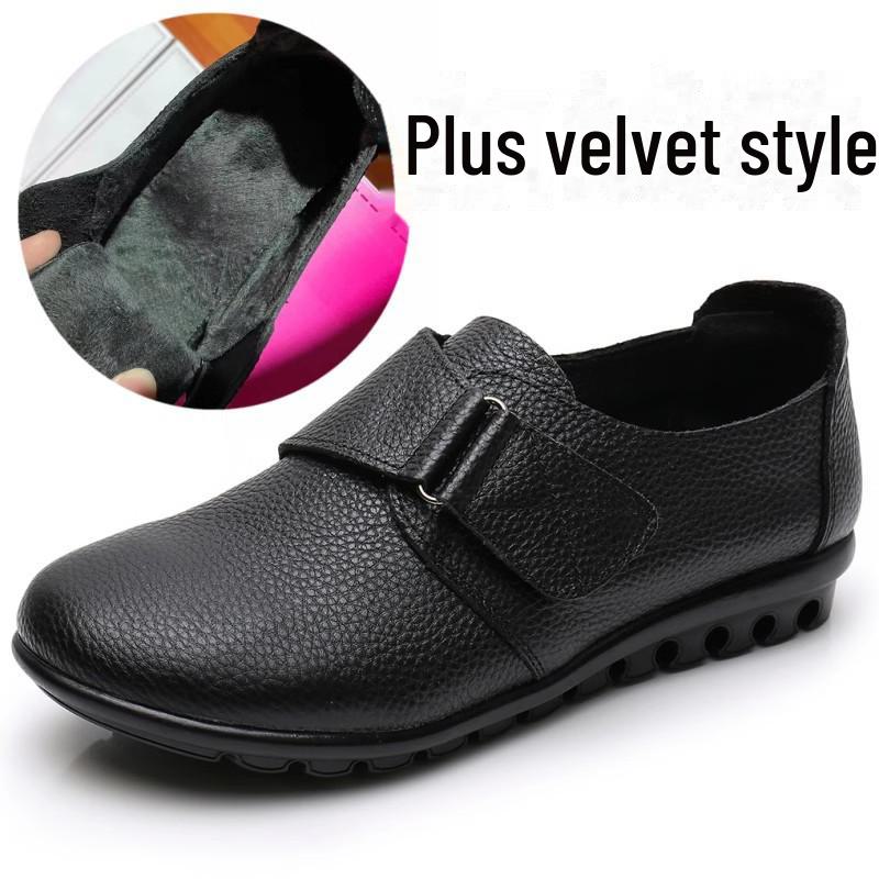 Женские нескользящие туфли на плоской подошве из натуральной кожи: Большие размеры, модели весна/осень/весна, для людей среднего возраста/пожилых людей, доступны теплые зимние варианты.