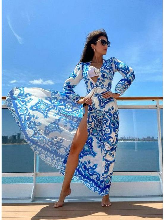 Европейское и американское богемное летнее платье без рукавов с V-образным вырезом и принтом «Амазонка»