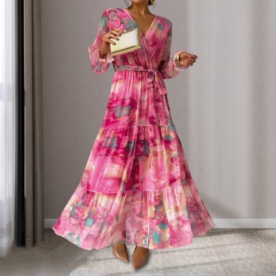 Женское вечернее платье в стиле пэчворк с v-образным вырезом на шнуровке на талии в богемном стиле с рукавами-фонариками плиссированное шифоновое с красочным принтом трапециевидной формы большого размера