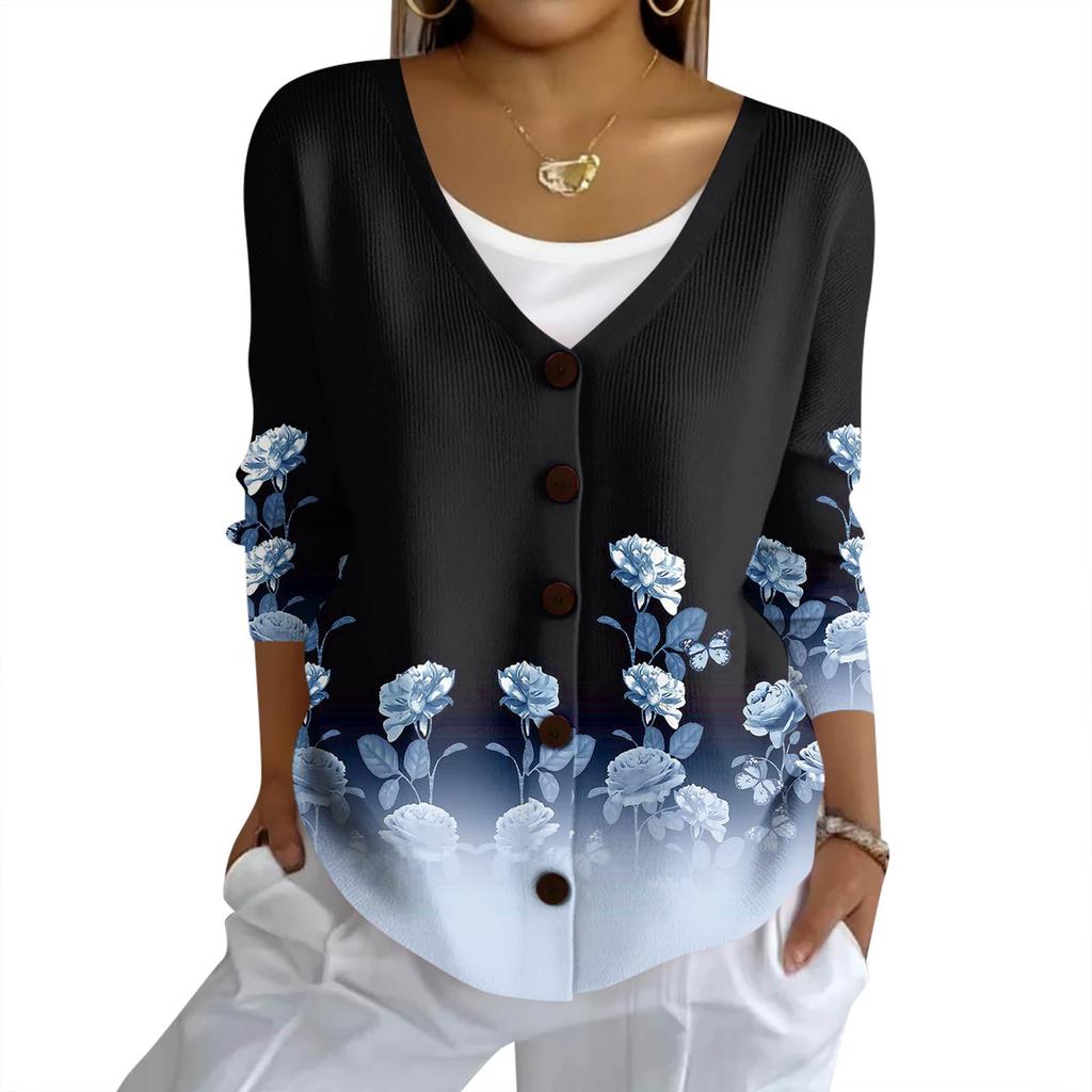 Women's Fashion Casual Knit Sweater Button-Up Floral Print Cardigan Jacket
