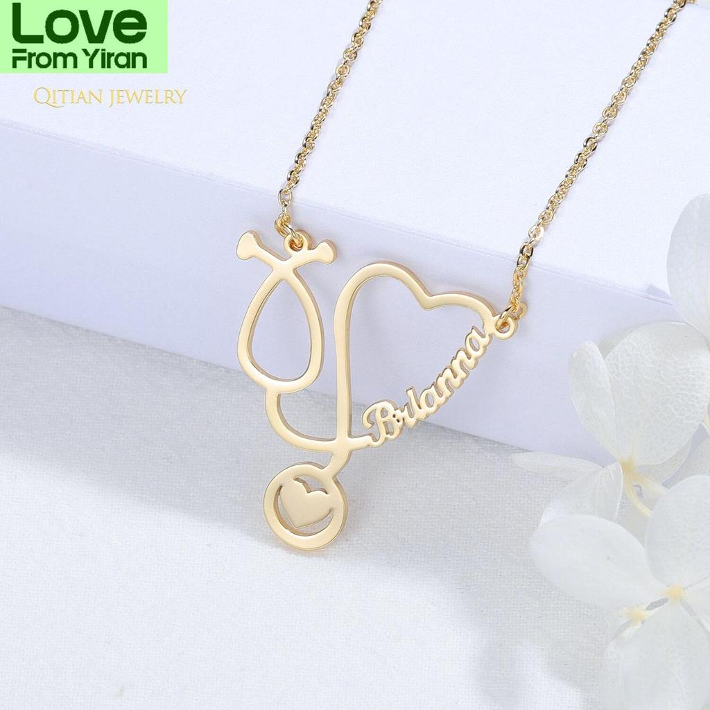 Custom Name Necklaces Stainless Steel Jewelry Personalized Gold Tone Stethoscope Pendant Women Nameplate Necklaces Doctor Giveaway GiftTrendy