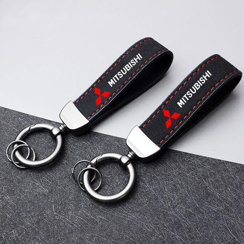 Deluxe Leather Keychain with Car Badge Keychain Pendant for Mitsubishi Lancer ASX Outlander Pajero Evolution Car Accessories