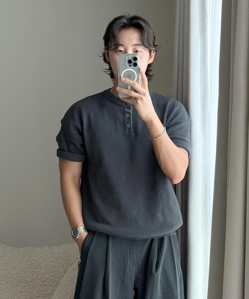 KNITTED Coolever Henley Neck Short Sleeve Knit Charcoal