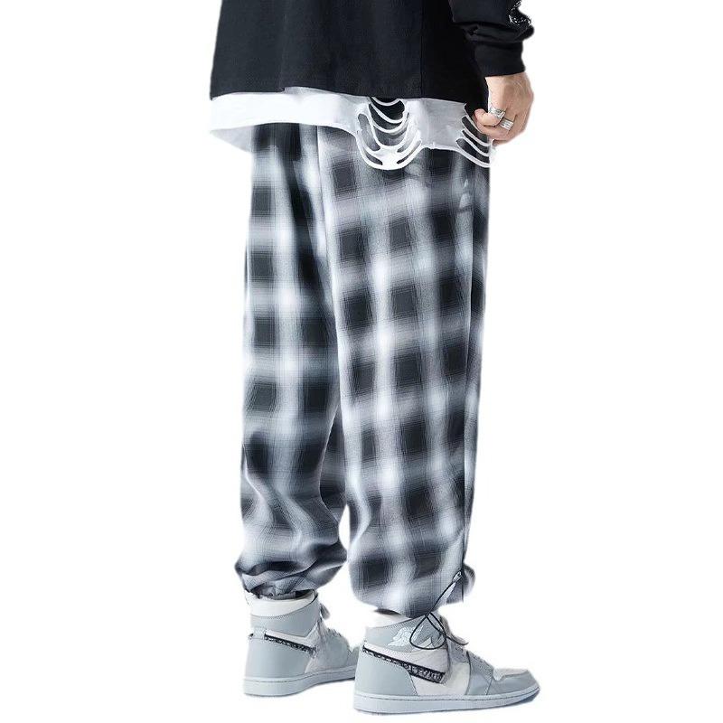 Мужские черно-белые брюки в клетку, свободного кроя, оверсайз, с широкими штанинами, драпирующиеся, повседневные, на кулиске, с манжетами, мужская одежда
