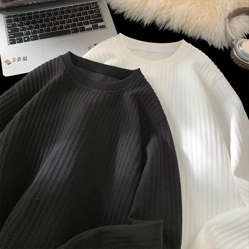 Мужская осенне-зимняя белая текстурная футболка с длинным рукавом, японская свободная, большого размера, повседневная, для дома