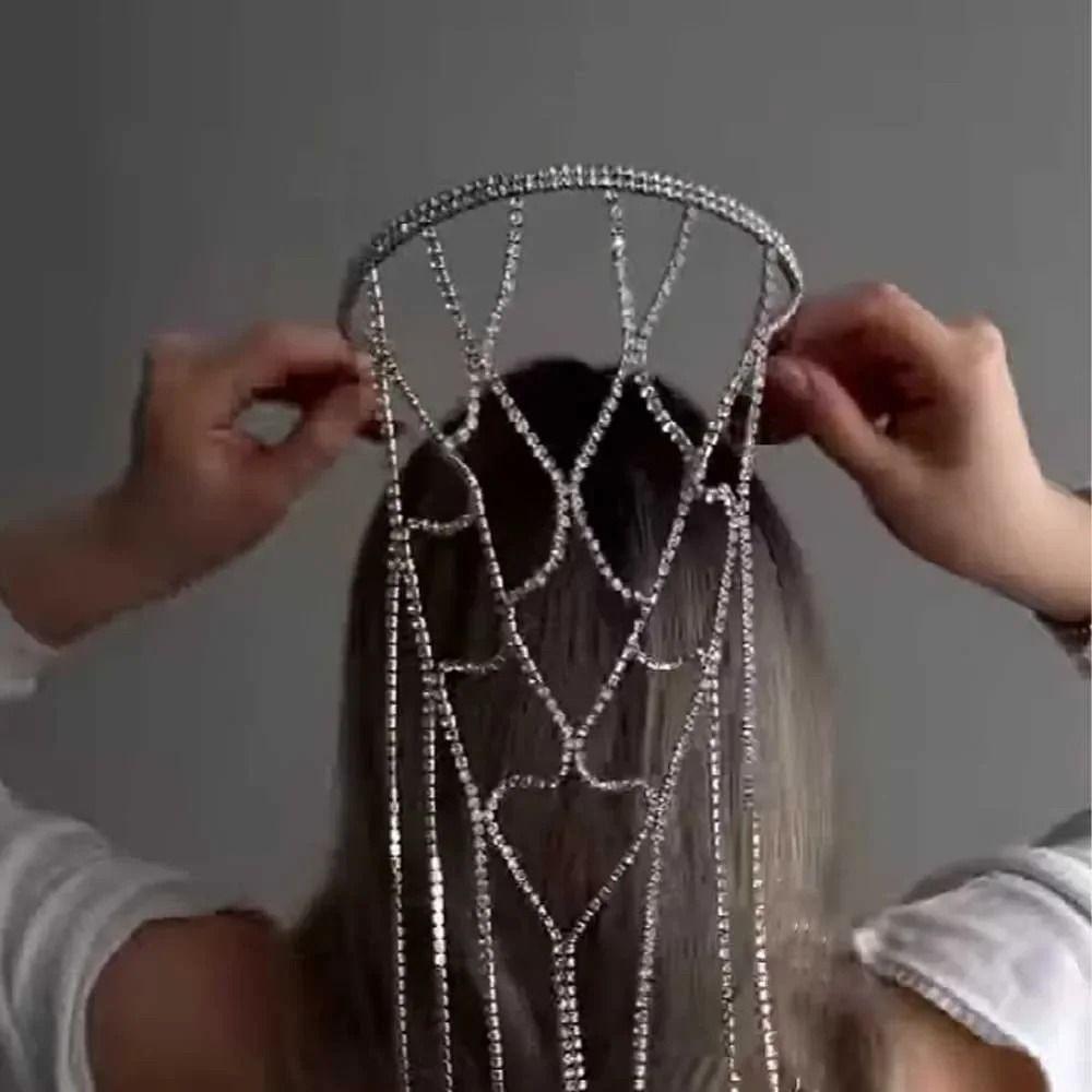 Rhinestone Inlaid Mesh Headband Long Chain Bridal Headpiece Rhinestone Mesh Headpiece Gatsby Party