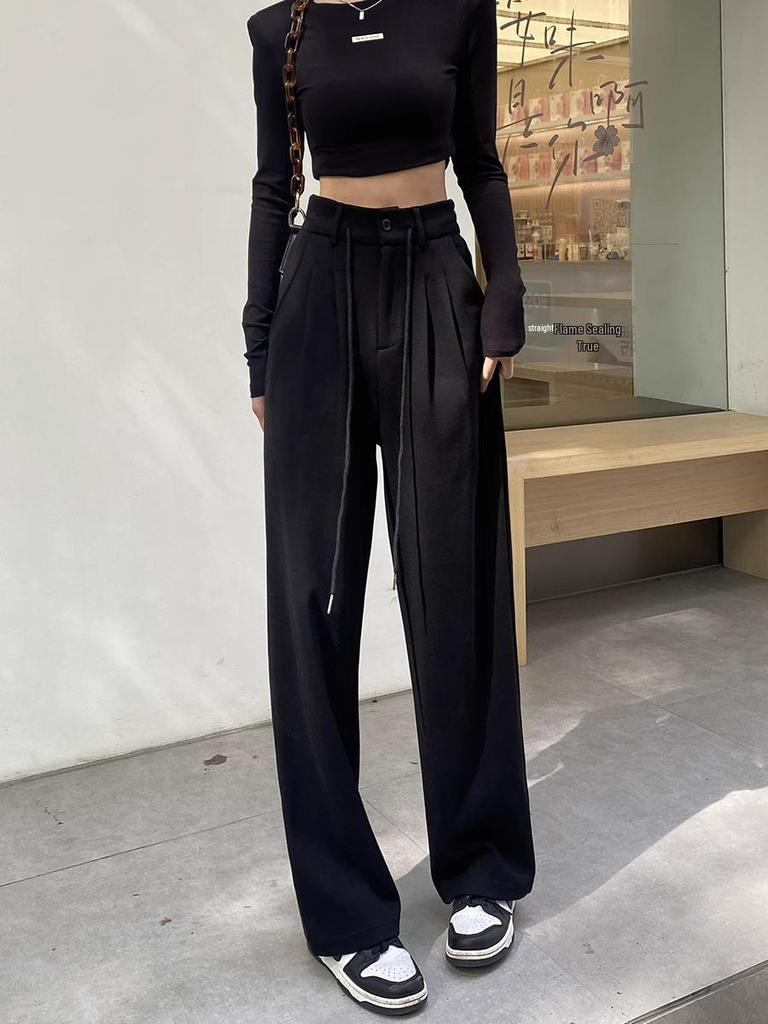 Маленькие серые спортивные штаны с высокой талией и кулиской для женщин - Свободные, стройнящие, широкие прямые штанины, повседневные джоггеры