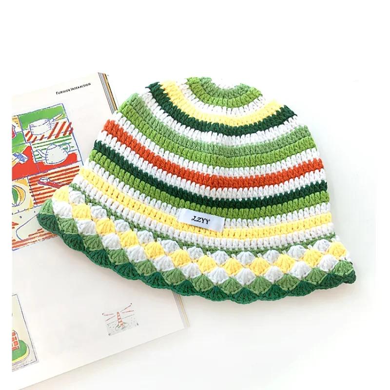 Fashion Dopamine Color Matching Striped Knitted Women's Cap Autumn and Winter Warm Casual Versatile Show Face Small Bucket Hat