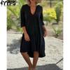 Женская мода лето весна однотонный принт рукава 1/2 с v-образным вырезом свободная талия повседневные платья
