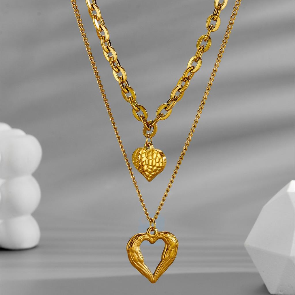 Stainless Steel Double Layer Heart Necklace for Women Gold Plated Textured Pendant Waterproof Romantic Accessory
