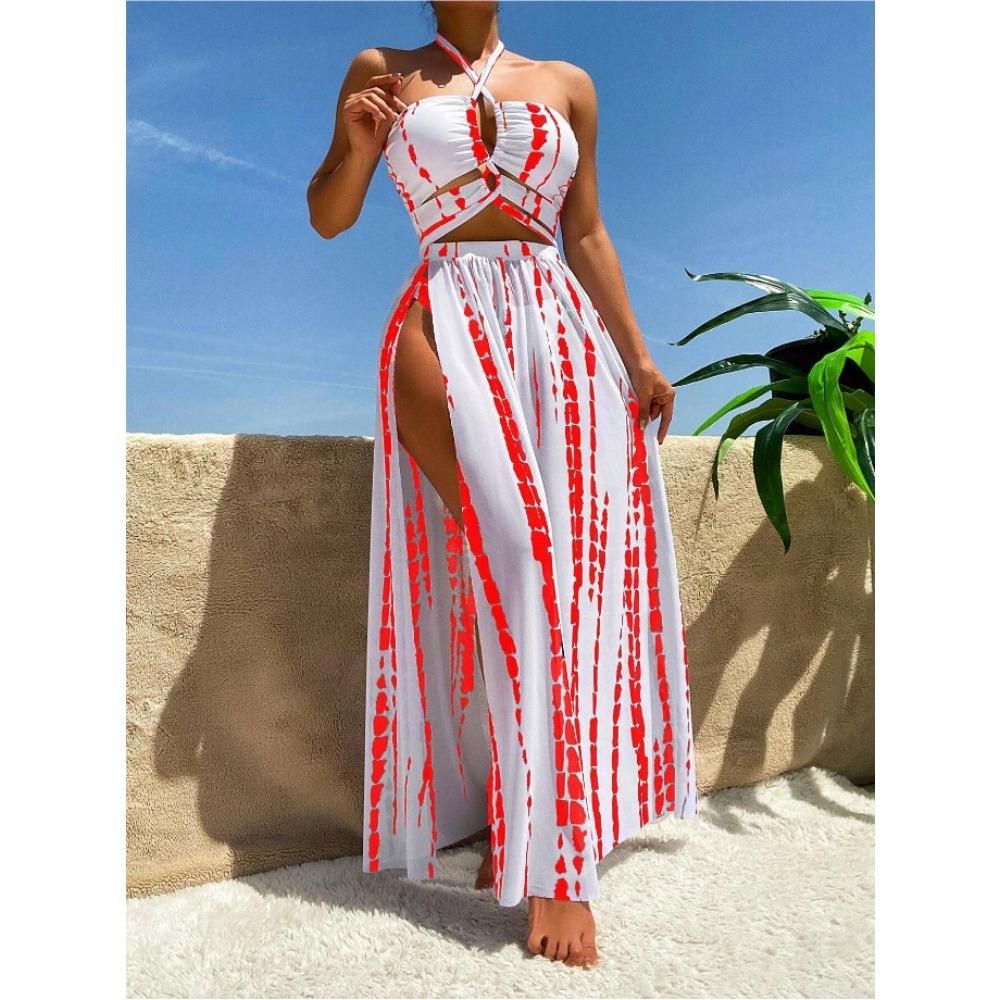 Раздельный купальник бикини с перекрестными бретелями, сексуальная юбка из солнцезащитного газа, купальник для отпуска на море, горячий источник