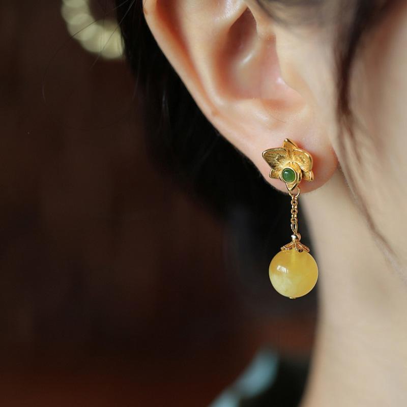 Серьги-цветы из древнего золота для женщин, классические с натуральным топазом, халцедоном, в китайском стиле, высокие круглые длинные серьги-гвоздики, ювелирные изделия