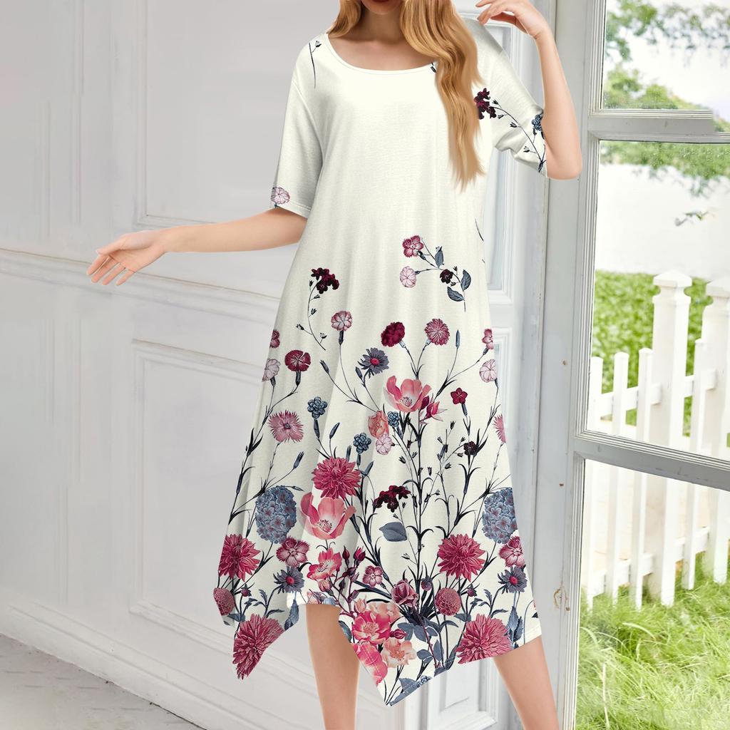Женское повседневное модное платье миди с круглым вырезом и коротким рукавом с принтом и неровным подолом
