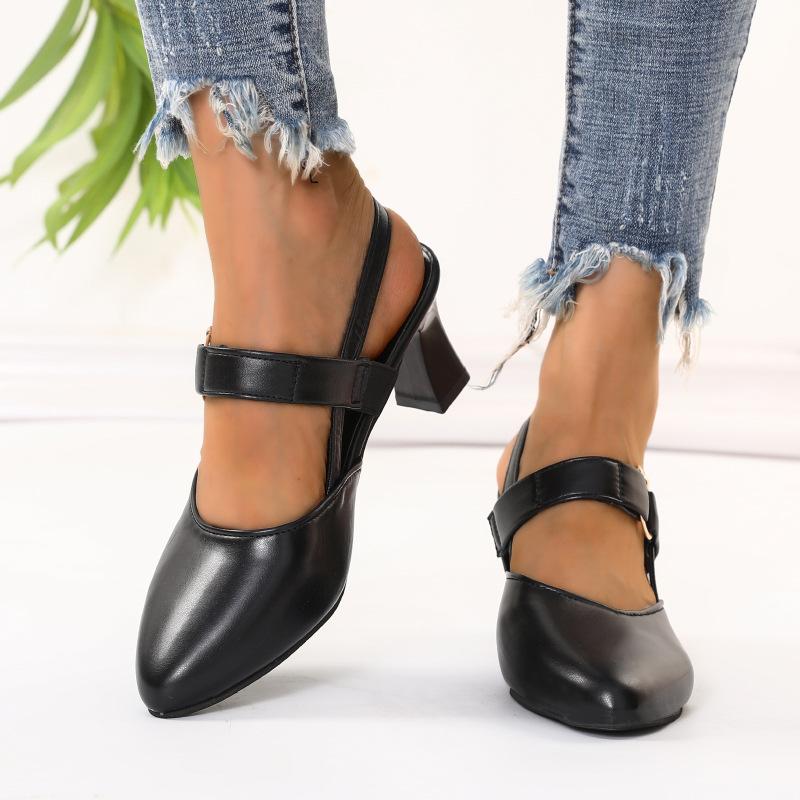 Fashion Soft Leather Sandals Women'S Bag Head Medium Heel Thick Heel Women'S Shoes Pointed One-Word Buckle Single Shoes Women