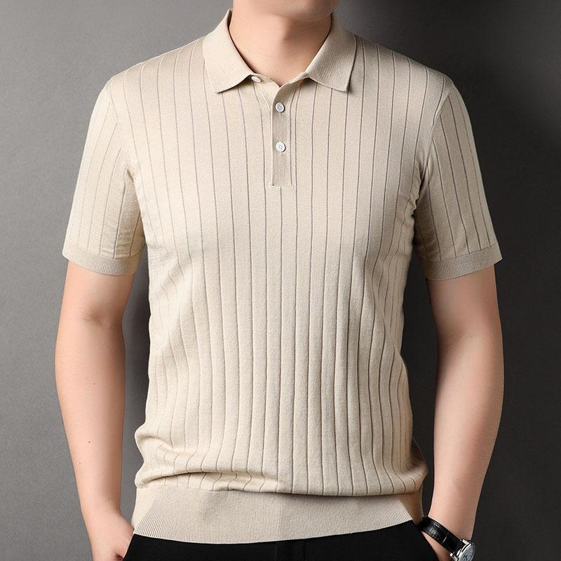 Новая летняя мужская трикотажная шелковая футболка с короткими рукавами, модная футболка с тонкими лацканами