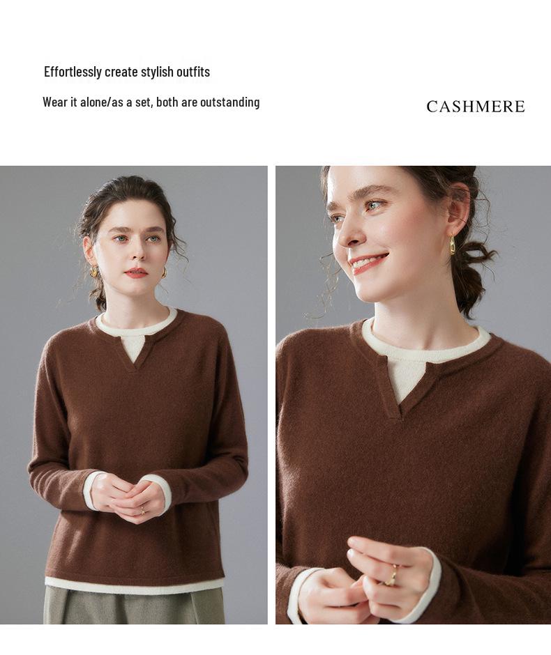 Autumn 2025 Sweet Style Color Block Cashmere Sweater - Loose Fit, Slimming, Short & Warm, Fake Two-Piece Design