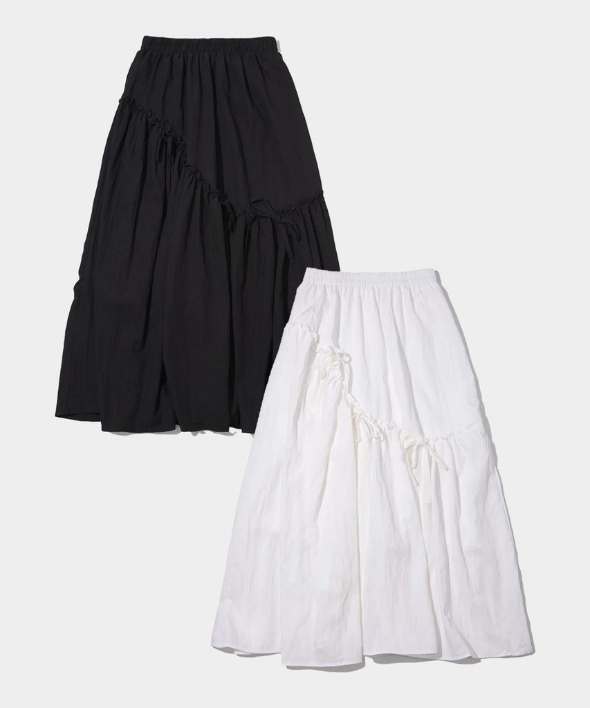 Place Studio Lace Shirred Ribbon Cotton Elastic Long Tiered Skirt _2 Colors