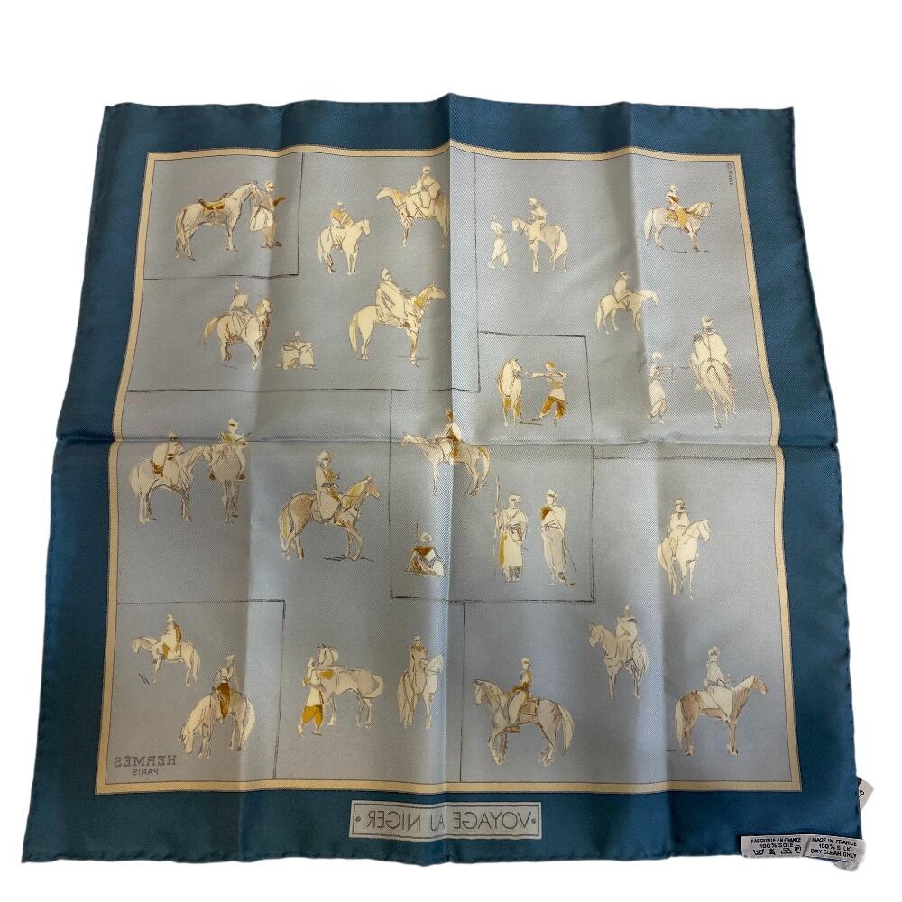 Hermes Шелковый платок-каре 45 см, синий шелк, женский, б/у, Journey to Niger Silk silk Carre 45