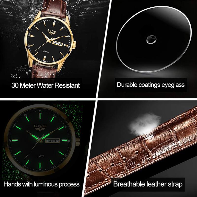 LIGE Лучший бренд, мужские кожаные деловые часы с датой, водонепроницаемые светящиеся часы, мужские роскошные спортивные водонепроницаемые кварцевые наручные часы