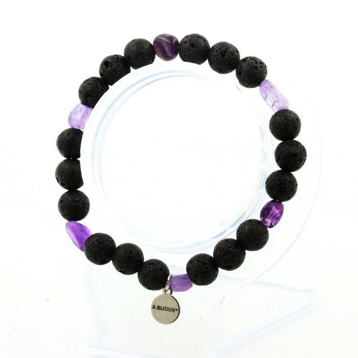 Stones and Minerals. Brazilian Amethyst Bracelet + 8 Mm Lava Beads. Made In France.