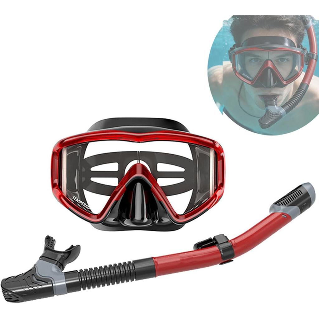 Snorkeling Gear for Adults, Snorkel Diving Mask Panoramic, Anti-Fog Tempered Glass Freedive Mask Diving Mask, Portable Dry Snorkel Set for Diving