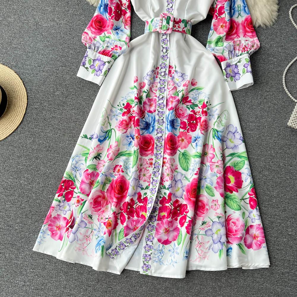 Весенне-осеннее платье-рубашка с длинными рукавами с лацканами и принтом, женское французское однобортное винтажное праздничное пляжное платье