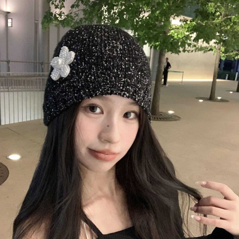 Vintage Beanie Hat Bowknot Woven Cap Fashion Sequin Knitted Hat Autumn