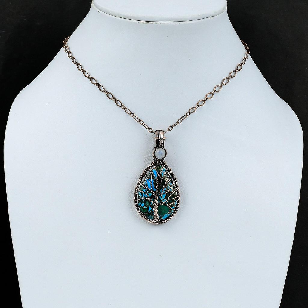 Дерево жизни Медный малахитовый бирюзовый кулон Медная проволока обернутая ювелирные изделия Лунный камень драгоценный камень ювелирные изделия ручной работы Медный кулон подарок для него